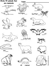 Fill in the Missing Letters and Circle 10 Mammals: EnchantedLearning.com