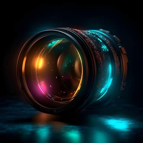 Premium AI Image | Camera lens with reflection on dark background 3D ...