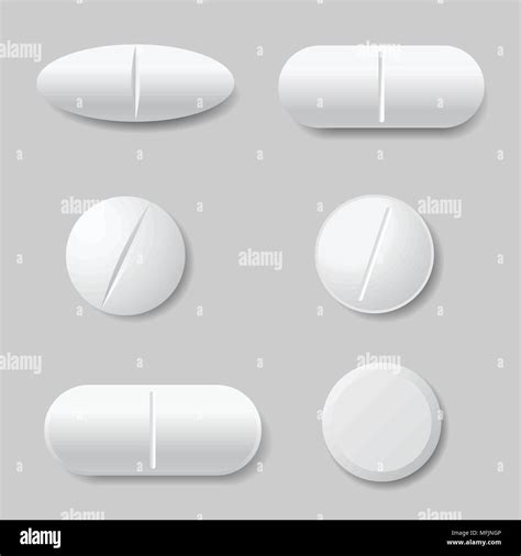 Set of vector illustrations of white medicine pills, round and oval - isolated on gray ...