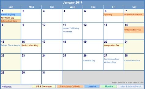 January 2017 Calendar with Holidays - as Picture