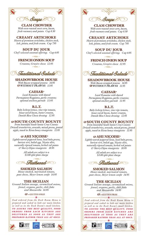 Shadowbrook Restaurant menu in Capitola, California, USA