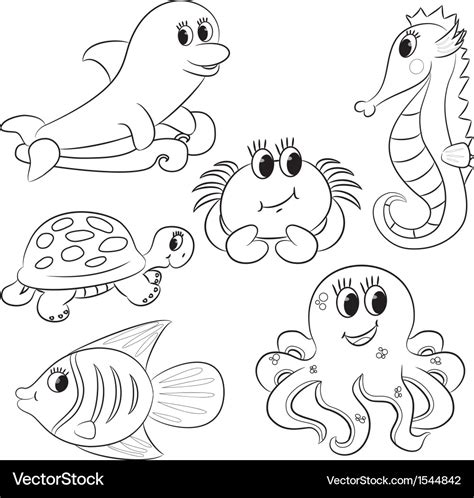 Cartoon sea animals outlined Royalty Free Vector Image