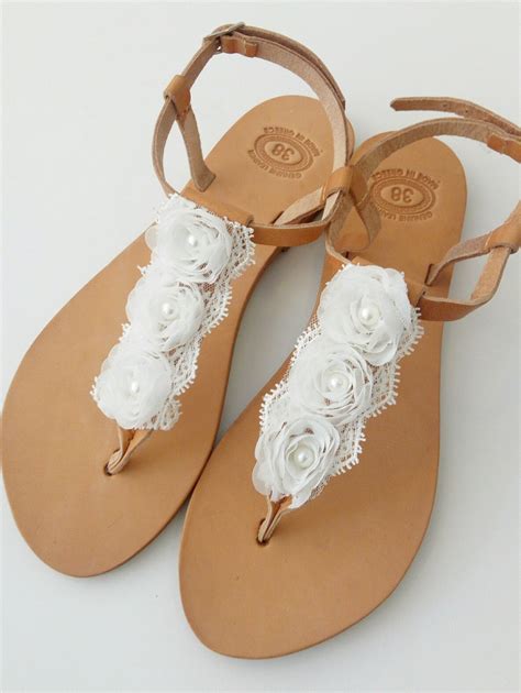 Wedding leather sandals with white flowers, Bridal sandals, White flowers shoes, Bridesmaids ...