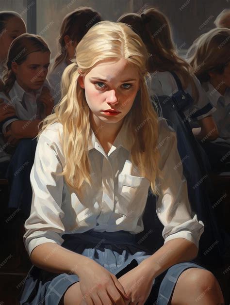 Premium AI Image | a painting of a girl with a sad face is sitting on a ...