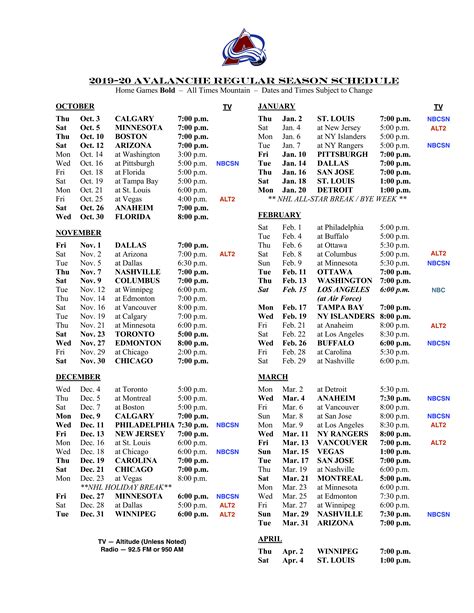 Avalanche Schedule Printable