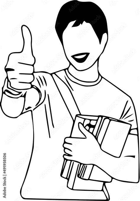 Line art illustration college student doing thumbs up, Outline sketch drawing of young student ...