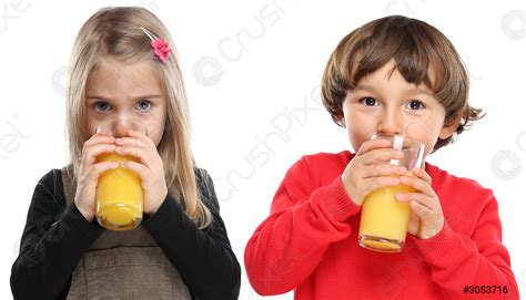 Children kids drinking orange juice healthy eating isolated on white ...