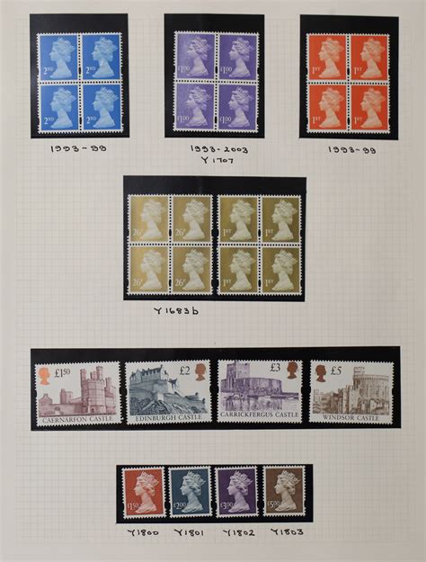 A collection of Great Britain definitive stamps in an album, many in mint blocks of four plus high v