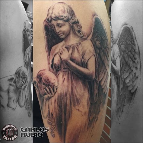 carlosrubio:weeping-angel-angel-tattoo-heaven-god-disciple-tattoo-carlos-rubio-black-and-grey