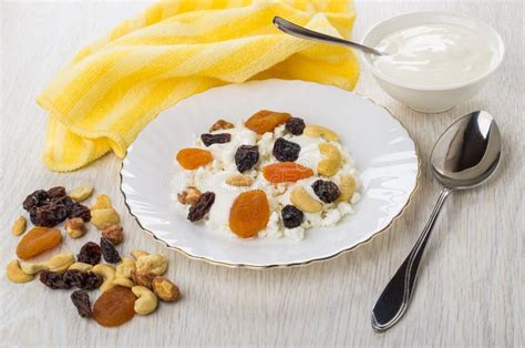 Cottage Cheese with Yogurt, Fruits, Nuts in Plate, Spoon Stock Image - Image of spoon, yellow ...