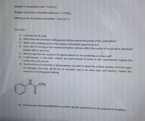 Solved Weight of acetanilide used =5.0235 g Weight of | Chegg.com