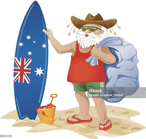 Australian Santa Clause On A Beach With Surfboard Stock Illustration - Download Image Now ...