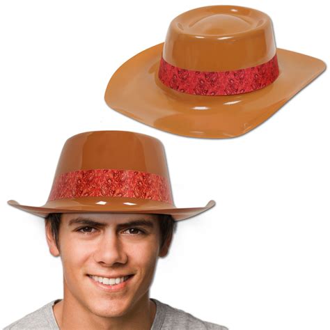 Brown Plastic Cowboy Hat with Red Paisley Band - Imprintable - Hats