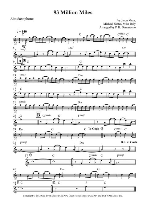 93 Million Miles Sheet Music | Jason Mraz | Alto Sax Solo