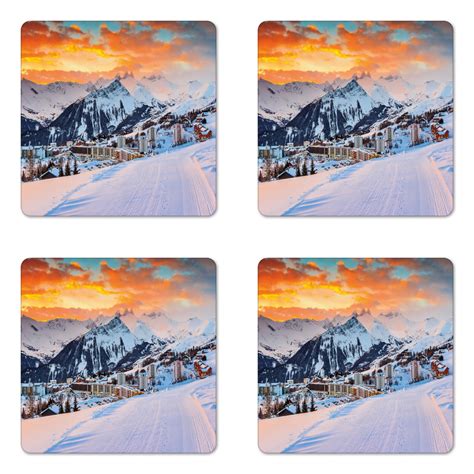 Winter Coaster Set of 4, Majestic Winter Seasonal Scenery over High Mountain Peaks with Dusk ...