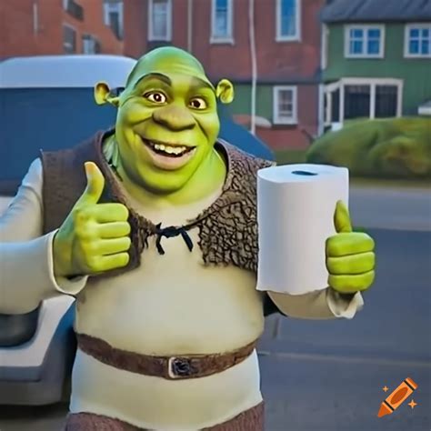 Shrek posing with a smile and thumbs up in front of a van loaded with toilet paper on Craiyon