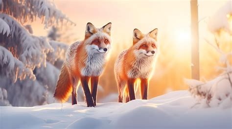 Premium Photo | Two foxes in the snow with the sun shining on them