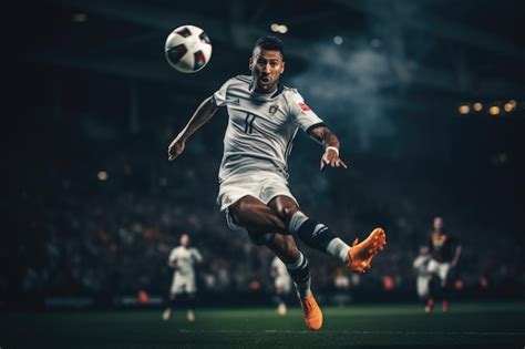 Premium AI Image | Soccer Player Kicking Ball MidAir during a Match