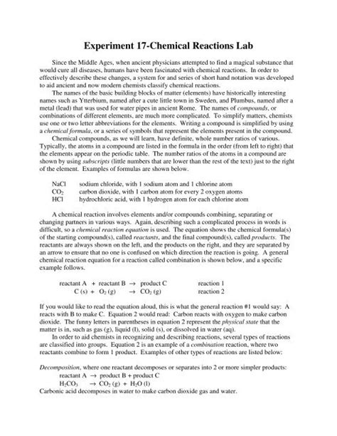 Experiment 17-Chemical Reactions Lab Report - Bakersfield College