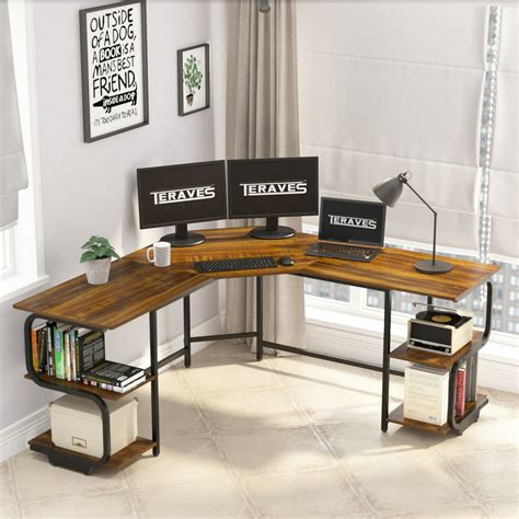 Teraves L-Shaped Computer Desk with Bookshelves, Large Corner Desk Home ...