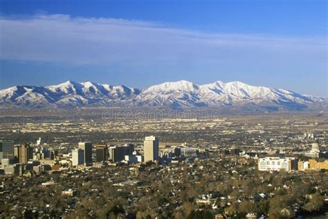 Skyline of Salt Lake City, UT with Snow Capped Wasatch Mountains in ...