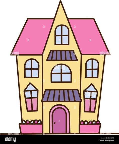 Vector cartoon bright pink and yellow house. Cute building. Child town illustration. Your sweet ...