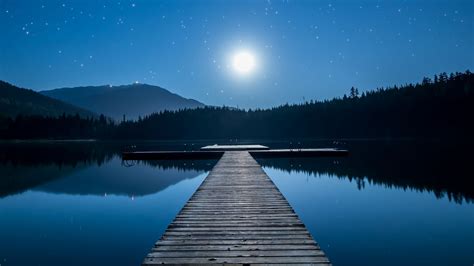 Download wallpapers of Lake, Dock, Moon, Mountains, Reflections, Nightscape, Moonlight, Stars ...