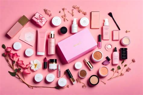 Premium AI Image | A pink box of cosmetics is surrounded by a pink box.