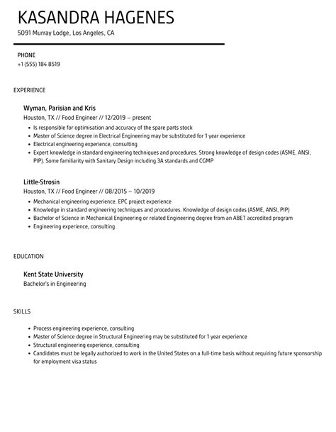 Food Engineer Resume Samples | Velvet Jobs