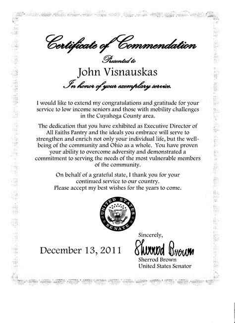 Certificate of Commendation from U.S. Senator Sherrod Brown – 2011