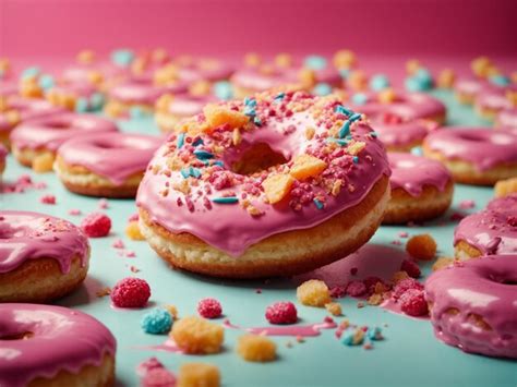 Premium AI Image | pink donut decorated with colorful sprinkles on blue