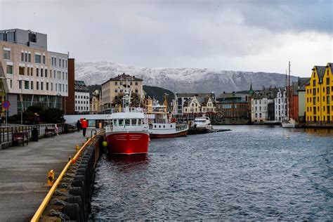 View of Center of Alesund, Norway during the Winter. Cloudy Sky Stock Image - Image of canal ...