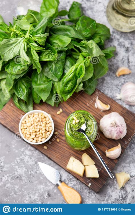 Pesto Sauce in a Bottle with Ingredients Stock Image - Image of ...