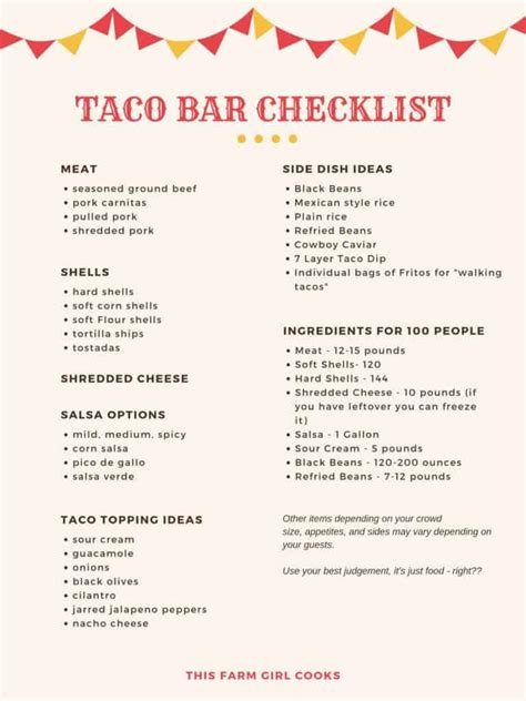 Taco Bar Checklist Printable - Printable Word Searches