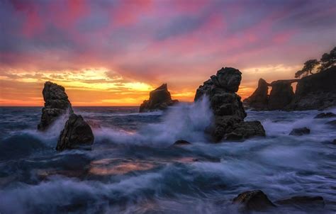 Wallpaper sea, wave, sunset, rocks, coast, Spain, Spain, Catalonia, The ...