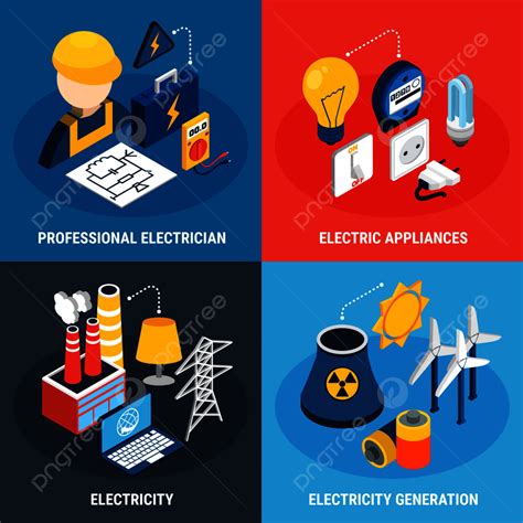 Four Electricity Isometric 3d Icon Set With Professional Electrician Electric Appliances And ...