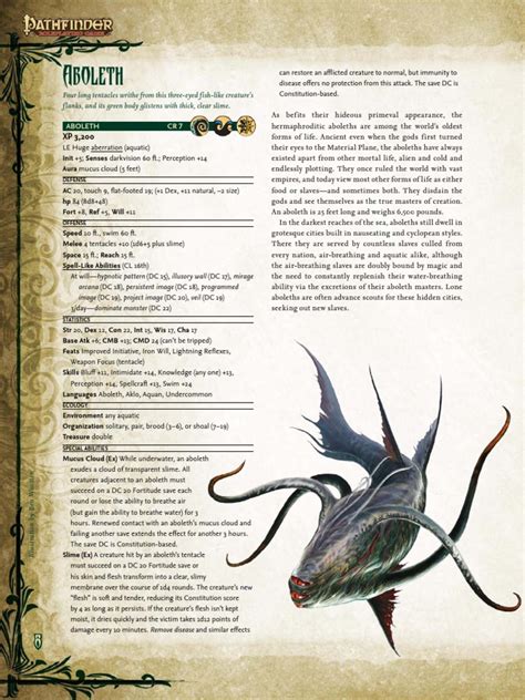 Pathfinder 1e Bestiary I Aboleth | PDF