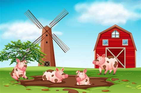 Pigs playing in mud farm scene 295044 Vector Art at Vecteezy