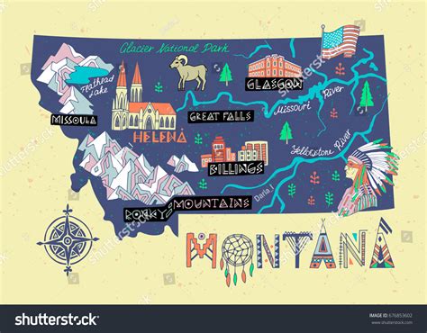 Montana State Illustrated Map Travel Attractions Stock Vector (Royalty ...