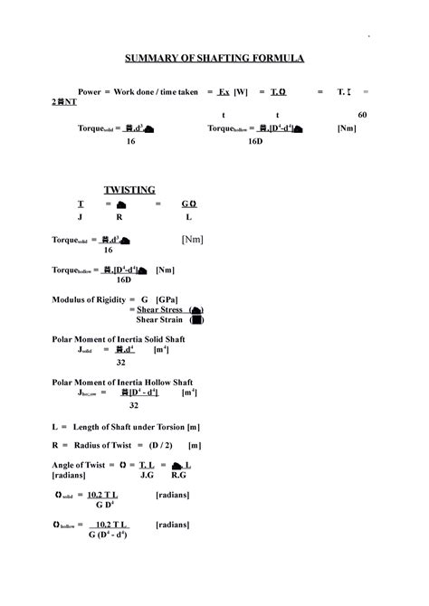 Summary OF Shafting Formula - SUMMARY OF SHAFTING FORMULASUMMARY OF SHAFTING FORMULA Power ...