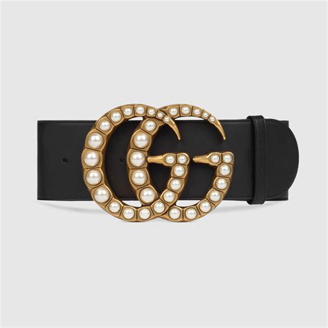 Gucci Wide Leather Belt With Pearl Double G in Black | Lyst