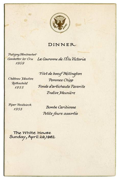 White House Dinner Menu. April 29, 1962. (Large Version) - Pictures and Illustrations - Linus ...