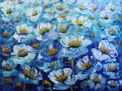 Blue FLOWERS Original Painting Impasto Textured Modern Art Anemones ...