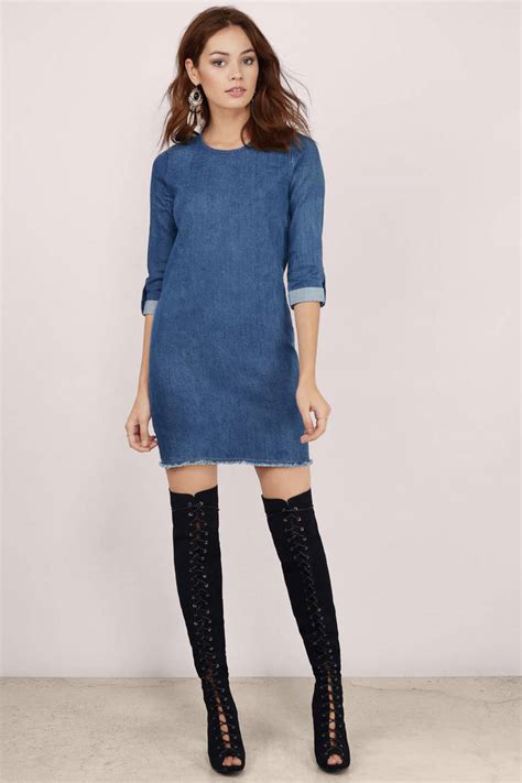 Blue Shift Dress - Denim Shirt Dress - Blue Long Sleeve Mini Dress - $22 | Tobi US