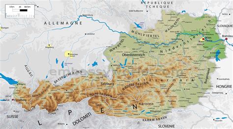 Geographical map of Austria: topography and physical features of Austria