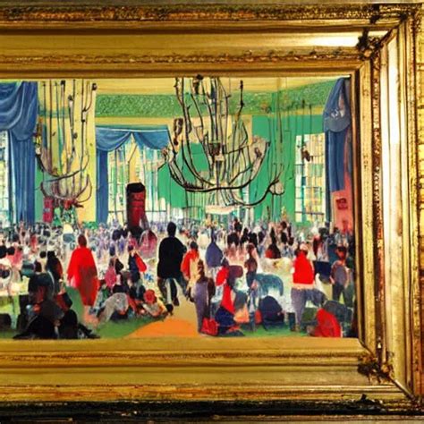 KREA - A beautiful painting of a large room with many people in it. There is a lot of activity ...