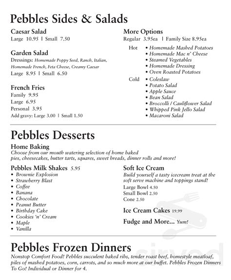 Pebbles Family Buffet menu in Durham, Ontario, Canada