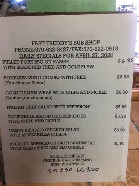 Menu at Fast Freddy's pizzeria, Pottsville