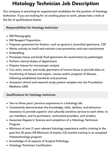 Histology Technician Job Description | Velvet Jobs