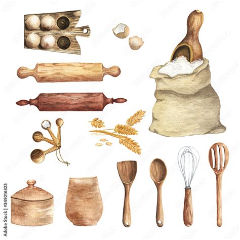 Watercolor Kitchen Utensils Clipart. Kitchen wood tools, food, herbs ...